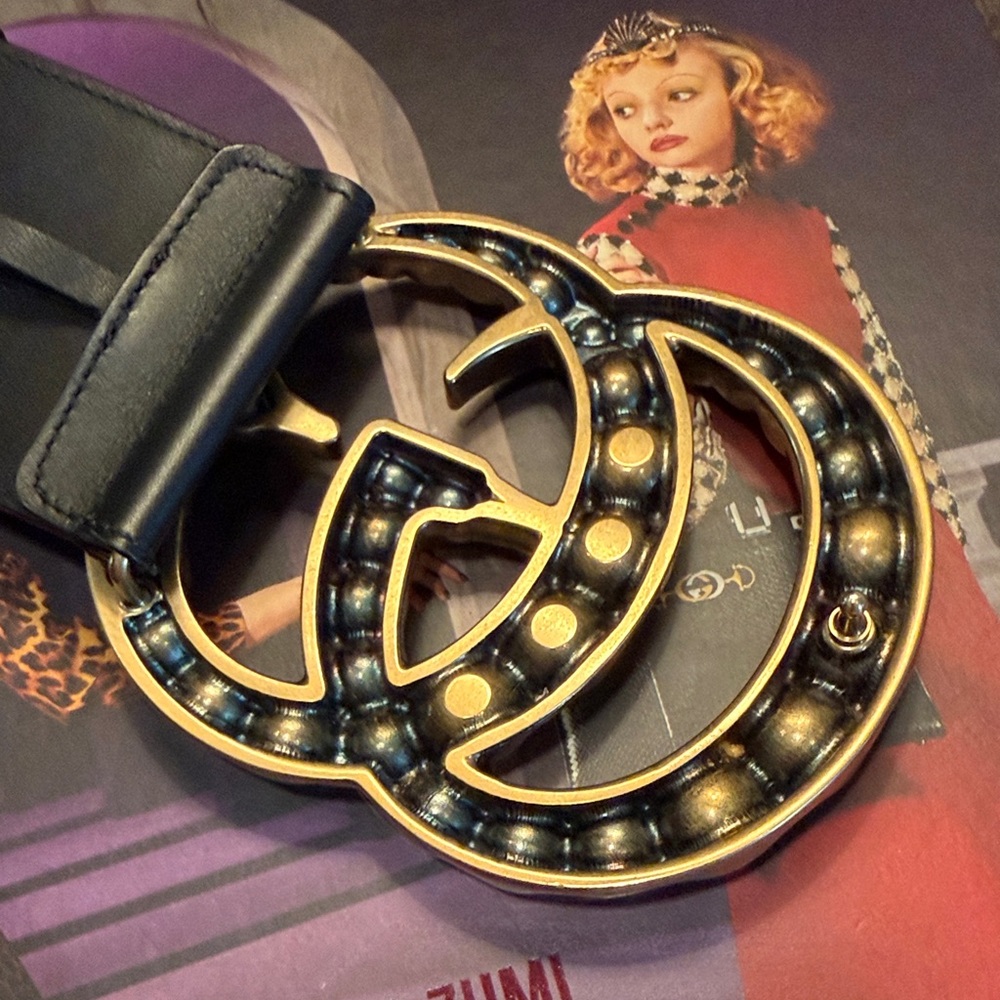 GUCCI Black Elegant Wide Leather Belt with Gold Double G Pearl Buckle 90 / 36 - Picture 4 of 7